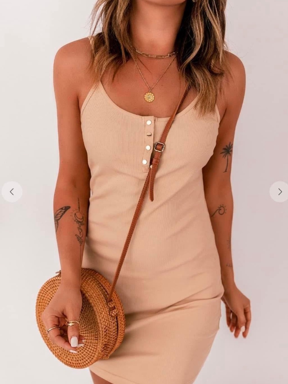 Sleeveless Ribbed Tank Dress in Beige